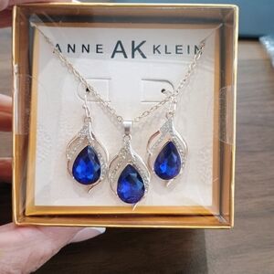 Anne Klein Sapphire Blue and Silver Necklace And Earring Set